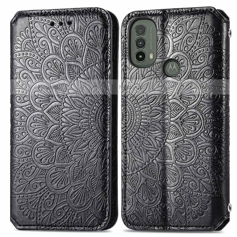 Leather Case Stands Fashionable Pattern Flip Cover Holder S01D for Motorola Moto E30 Black