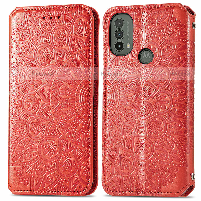 Leather Case Stands Fashionable Pattern Flip Cover Holder S01D for Motorola Moto E30 Red