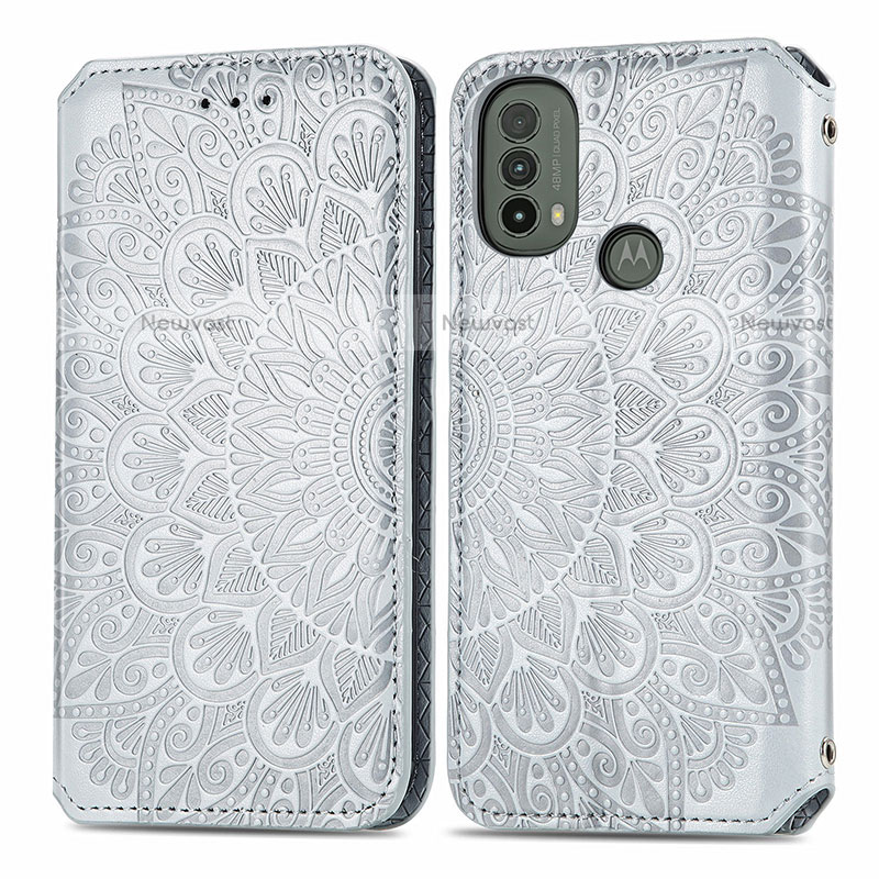 Leather Case Stands Fashionable Pattern Flip Cover Holder S01D for Motorola Moto E40 Silver