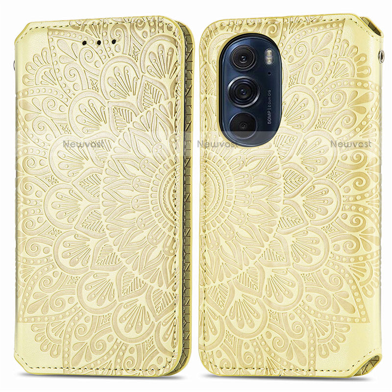 Leather Case Stands Fashionable Pattern Flip Cover Holder S01D for Motorola Moto Edge Plus (2022) 5G Gold