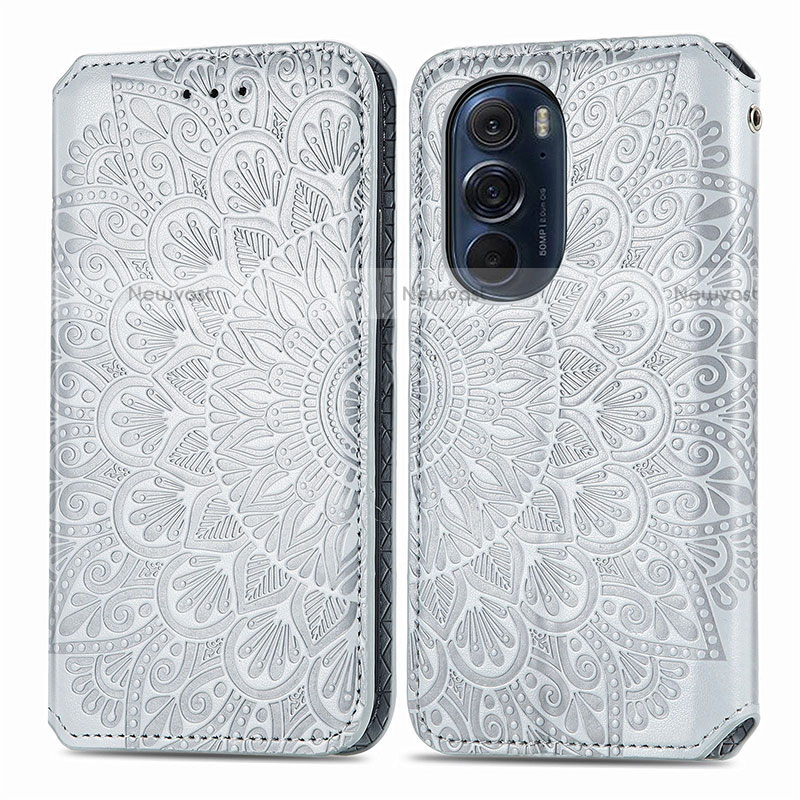 Leather Case Stands Fashionable Pattern Flip Cover Holder S01D for Motorola Moto Edge Plus (2022) 5G Silver