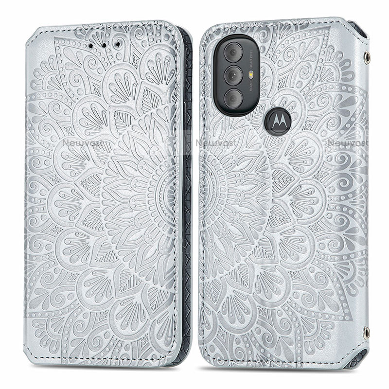 Leather Case Stands Fashionable Pattern Flip Cover Holder S01D for Motorola Moto G Play (2023) Silver