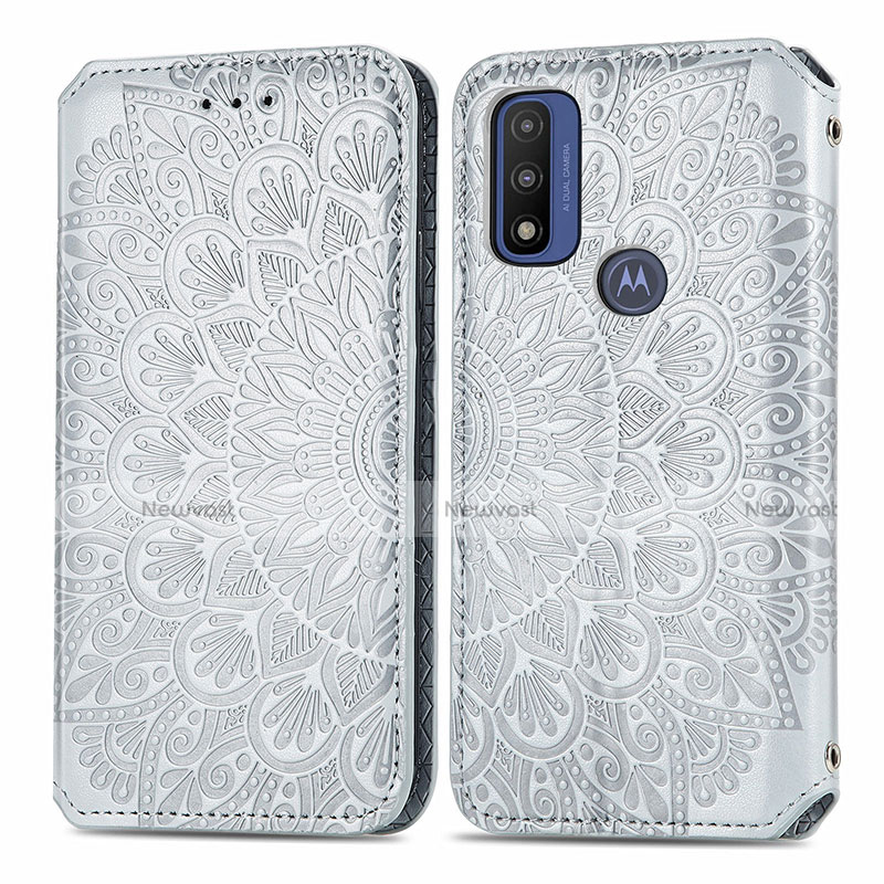 Leather Case Stands Fashionable Pattern Flip Cover Holder S01D for Motorola Moto G Pure Silver