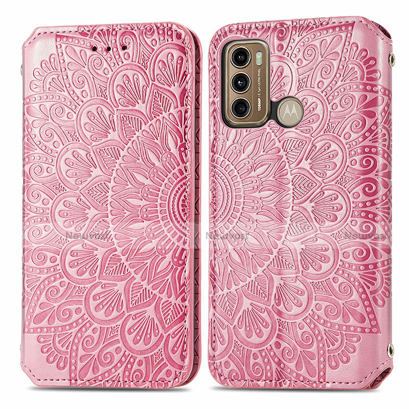 Leather Case Stands Fashionable Pattern Flip Cover Holder S01D for Motorola Moto G60 Rose Gold