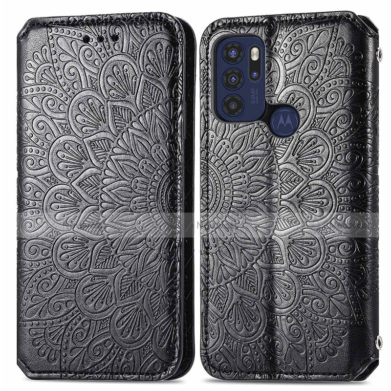 Leather Case Stands Fashionable Pattern Flip Cover Holder S01D for Motorola Moto G60s Black