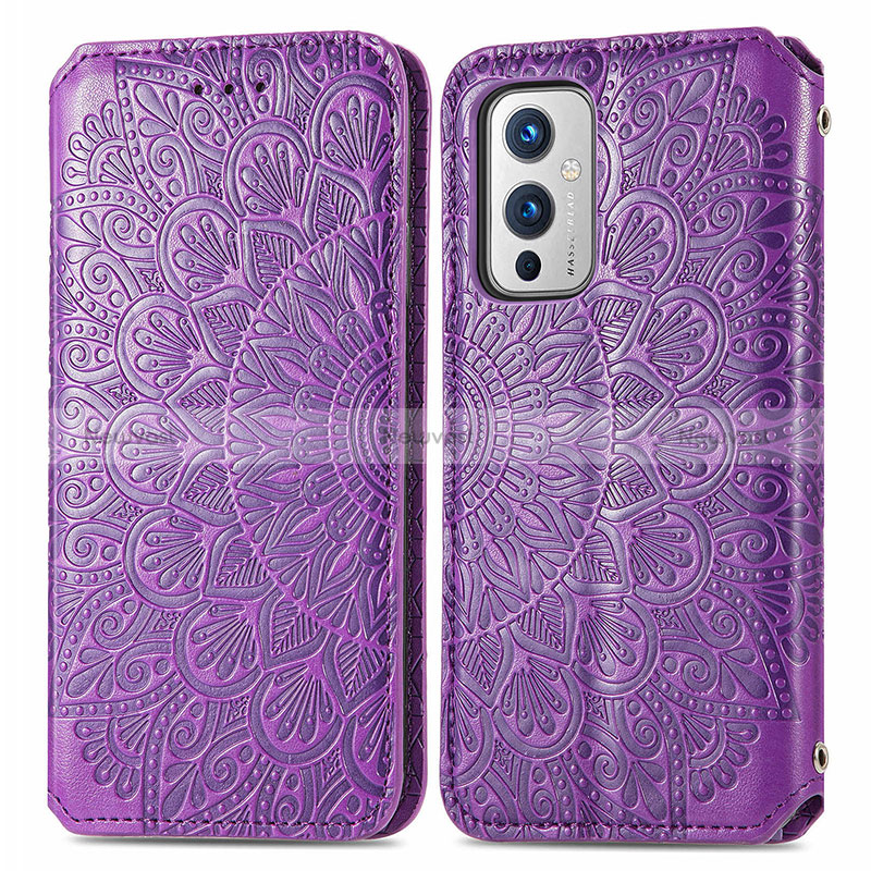 Leather Case Stands Fashionable Pattern Flip Cover Holder S01D for OnePlus 9 5G Purple