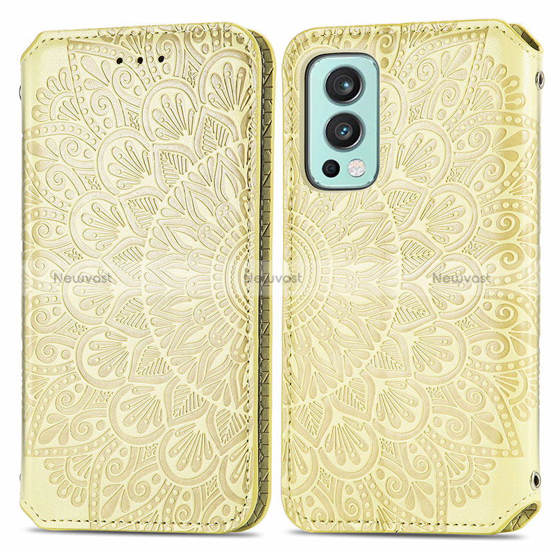 Leather Case Stands Fashionable Pattern Flip Cover Holder S01D for OnePlus Nord 2 5G Gold