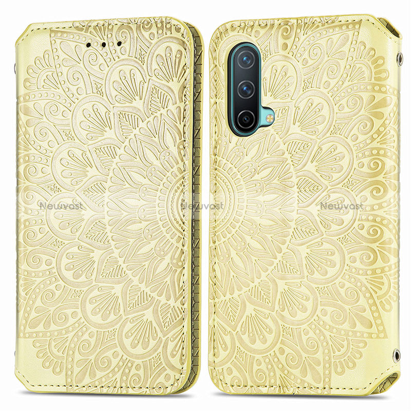 Leather Case Stands Fashionable Pattern Flip Cover Holder S01D for OnePlus Nord CE 5G Gold