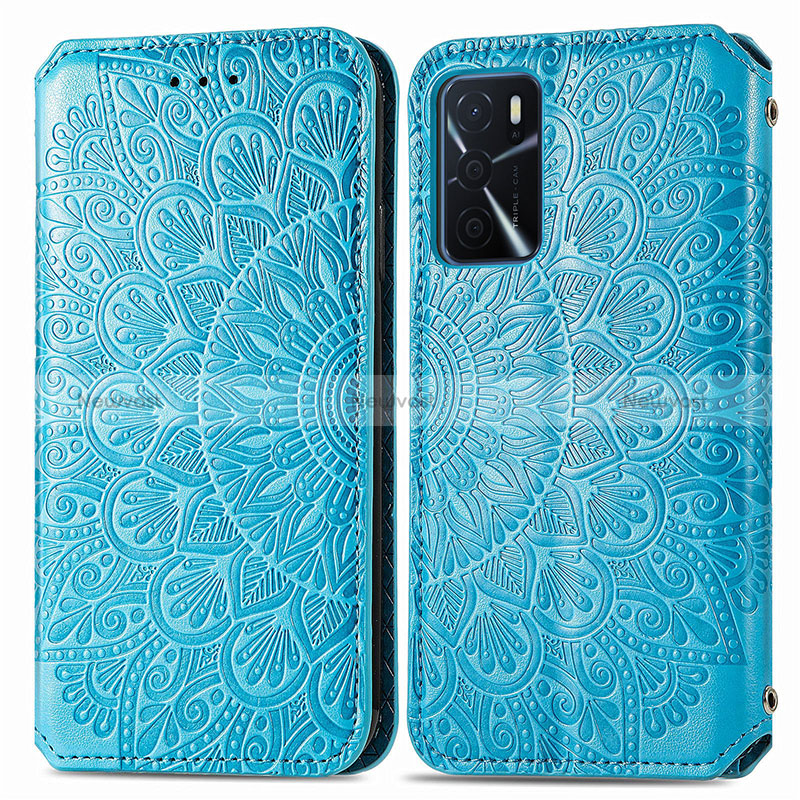 Leather Case Stands Fashionable Pattern Flip Cover Holder S01D for Oppo A16s Blue