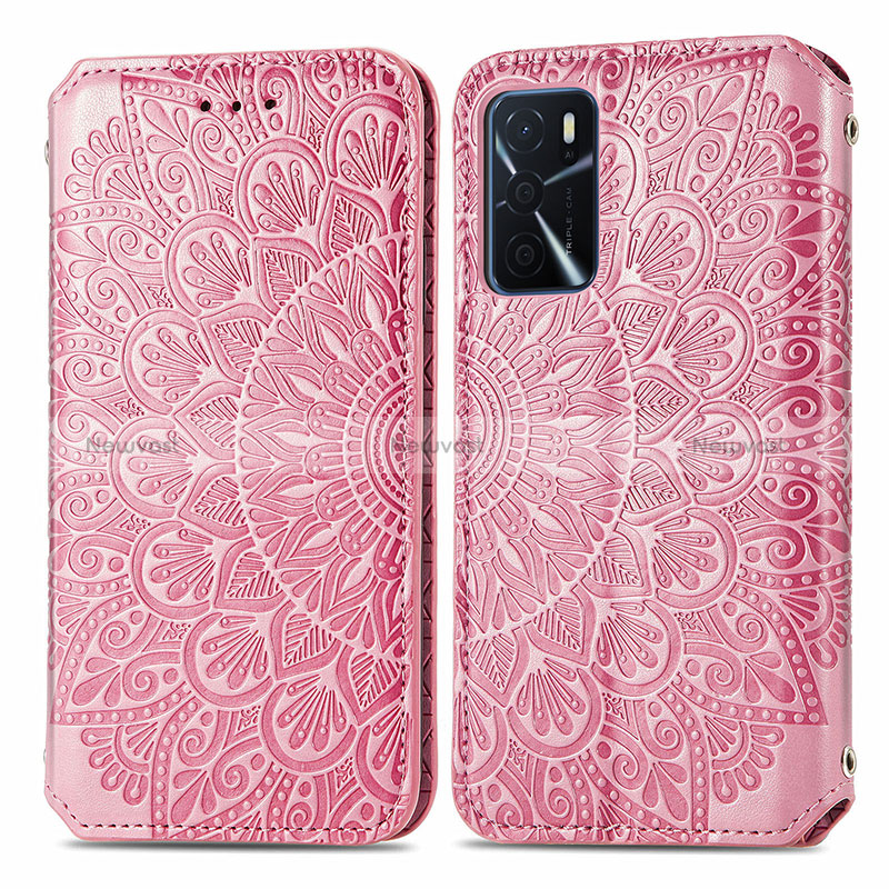 Leather Case Stands Fashionable Pattern Flip Cover Holder S01D for Oppo A16s Rose Gold