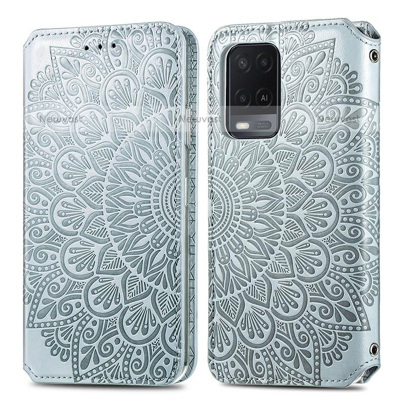 Leather Case Stands Fashionable Pattern Flip Cover Holder S01D for Oppo A54 4G Silver