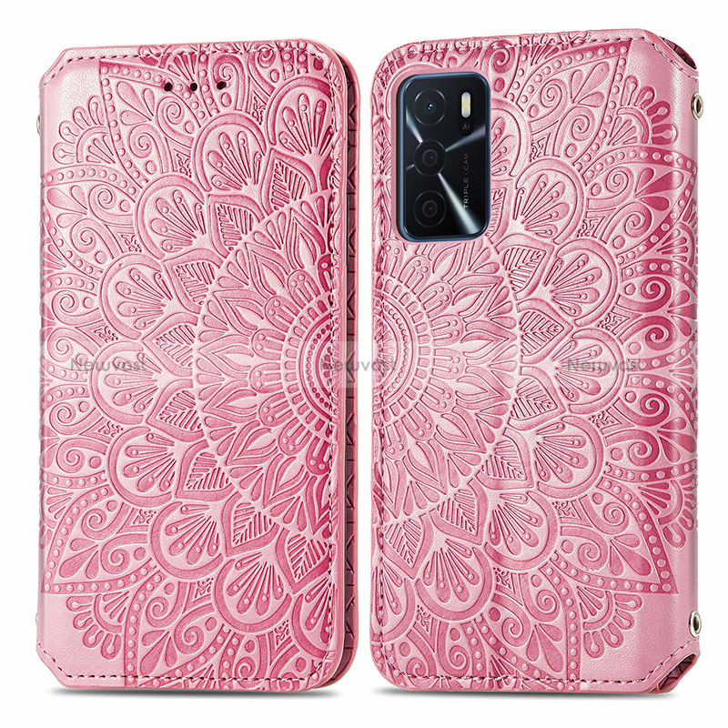 Leather Case Stands Fashionable Pattern Flip Cover Holder S01D for Oppo A54s Rose Gold