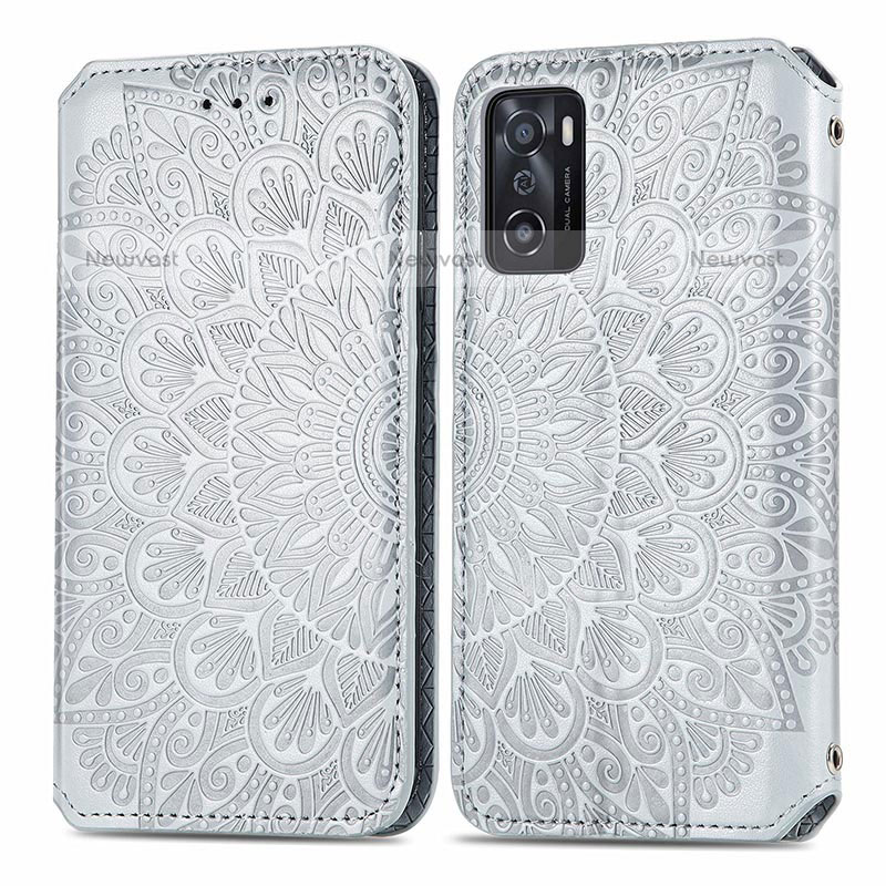 Leather Case Stands Fashionable Pattern Flip Cover Holder S01D for Oppo A55S 5G Silver