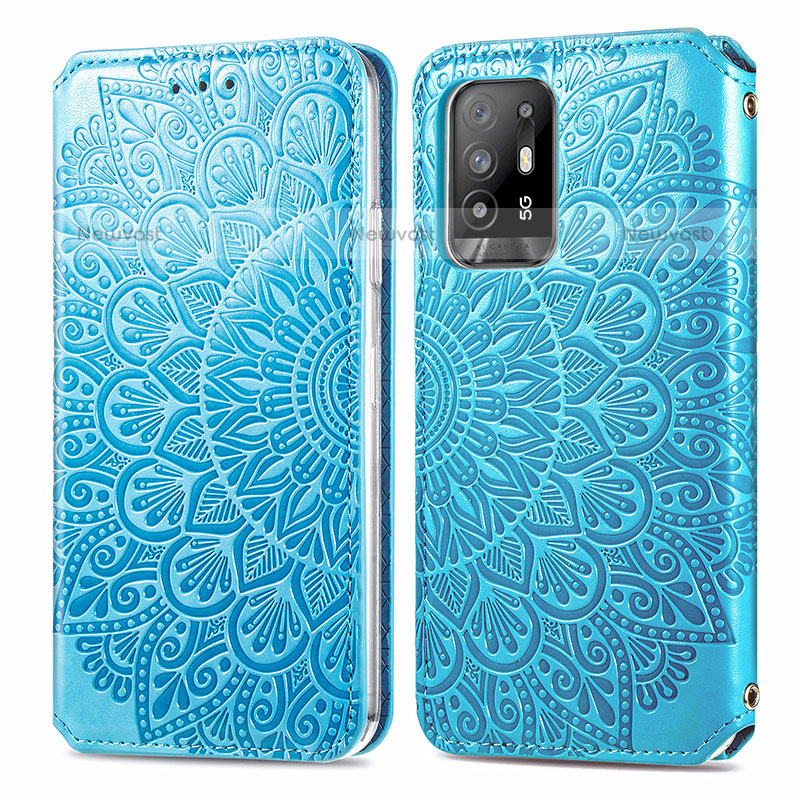 Leather Case Stands Fashionable Pattern Flip Cover Holder S01D for Oppo A94 5G Blue