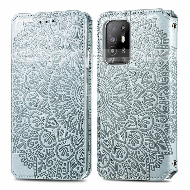 Leather Case Stands Fashionable Pattern Flip Cover Holder S01D for Oppo A94 5G Silver