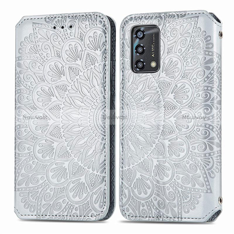 Leather Case Stands Fashionable Pattern Flip Cover Holder S01D for Oppo F19 Silver