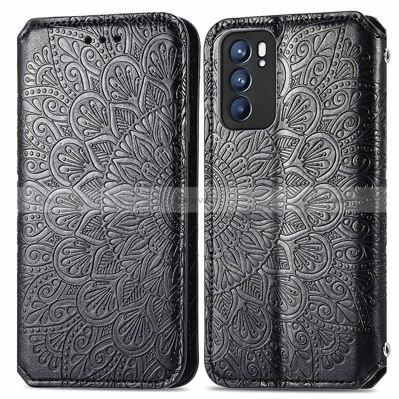 Leather Case Stands Fashionable Pattern Flip Cover Holder S01D for Oppo Reno6 5G Black
