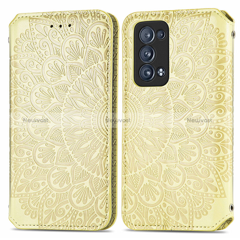 Leather Case Stands Fashionable Pattern Flip Cover Holder S01D for Oppo Reno6 Pro 5G Gold