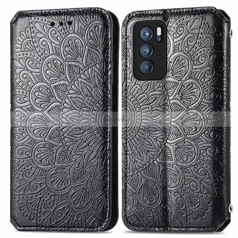 Leather Case Stands Fashionable Pattern Flip Cover Holder S01D for Oppo Reno6 Pro 5G India Black