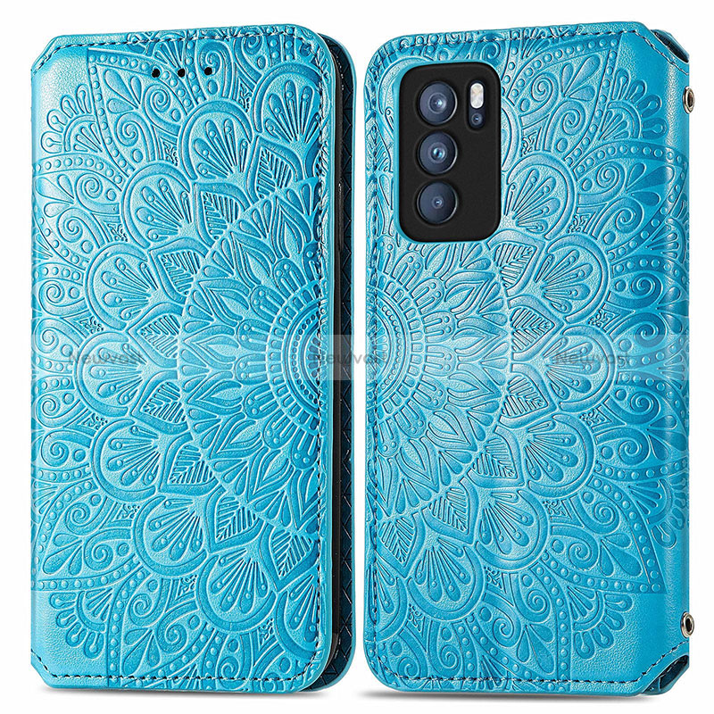 Leather Case Stands Fashionable Pattern Flip Cover Holder S01D for Oppo Reno6 Pro 5G India Blue