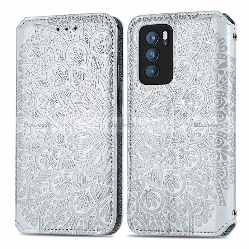 Leather Case Stands Fashionable Pattern Flip Cover Holder S01D for Oppo Reno6 Pro 5G India Silver