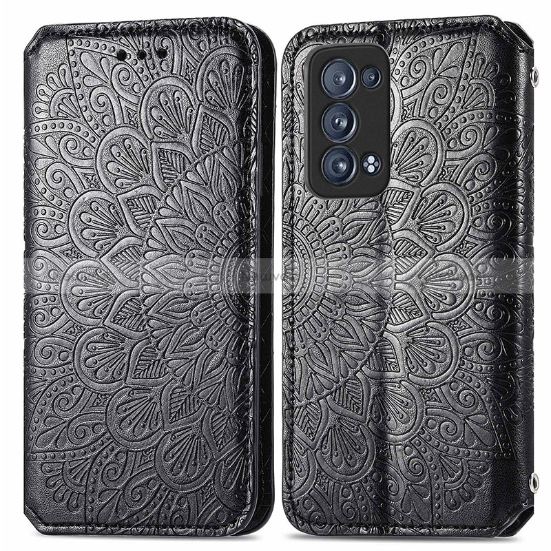 Leather Case Stands Fashionable Pattern Flip Cover Holder S01D for Oppo Reno6 Pro+ Plus 5G Black