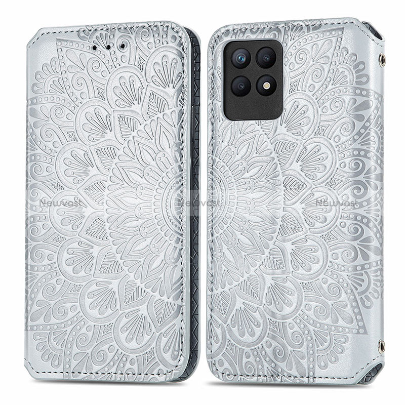 Leather Case Stands Fashionable Pattern Flip Cover Holder S01D for Realme 8i Silver