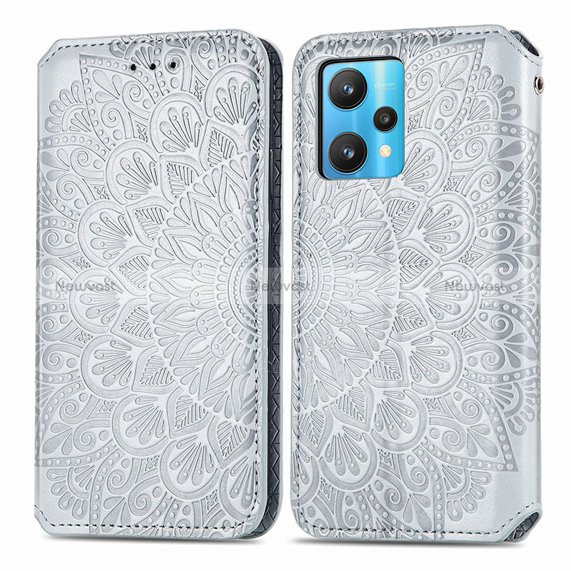 Leather Case Stands Fashionable Pattern Flip Cover Holder S01D for Realme 9 4G Silver