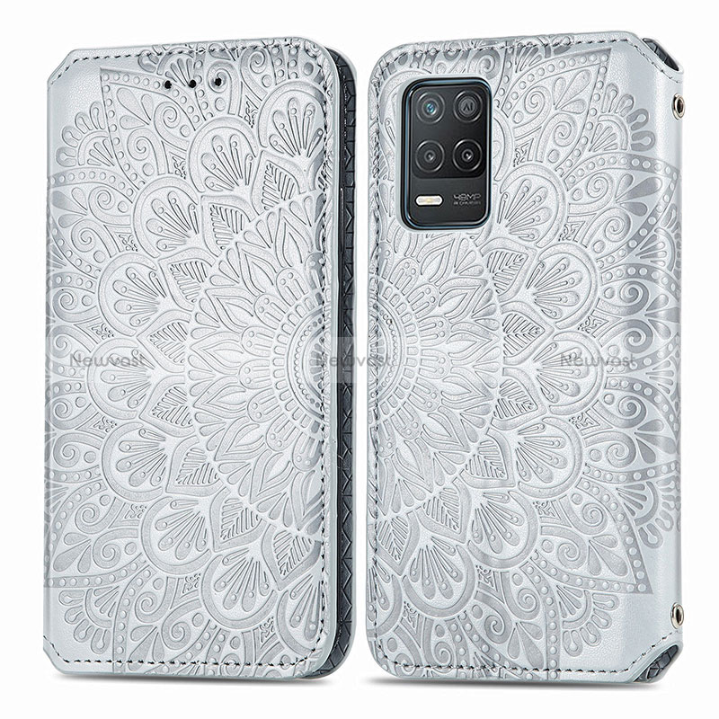 Leather Case Stands Fashionable Pattern Flip Cover Holder S01D for Realme 9 5G India Silver