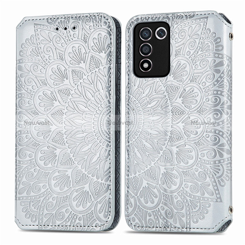 Leather Case Stands Fashionable Pattern Flip Cover Holder S01D for Realme 9 SE 5G Silver