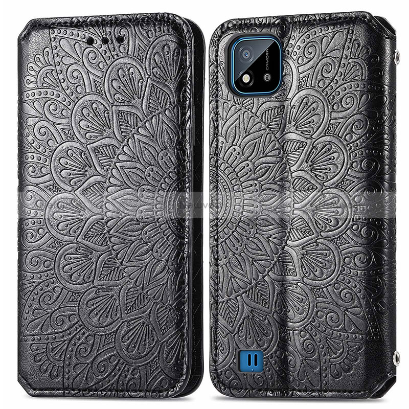 Leather Case Stands Fashionable Pattern Flip Cover Holder S01D for Realme C20 Black