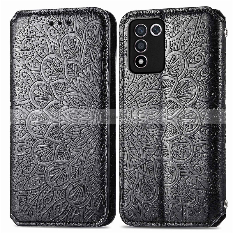 Leather Case Stands Fashionable Pattern Flip Cover Holder S01D for Realme Q3t 5G Black