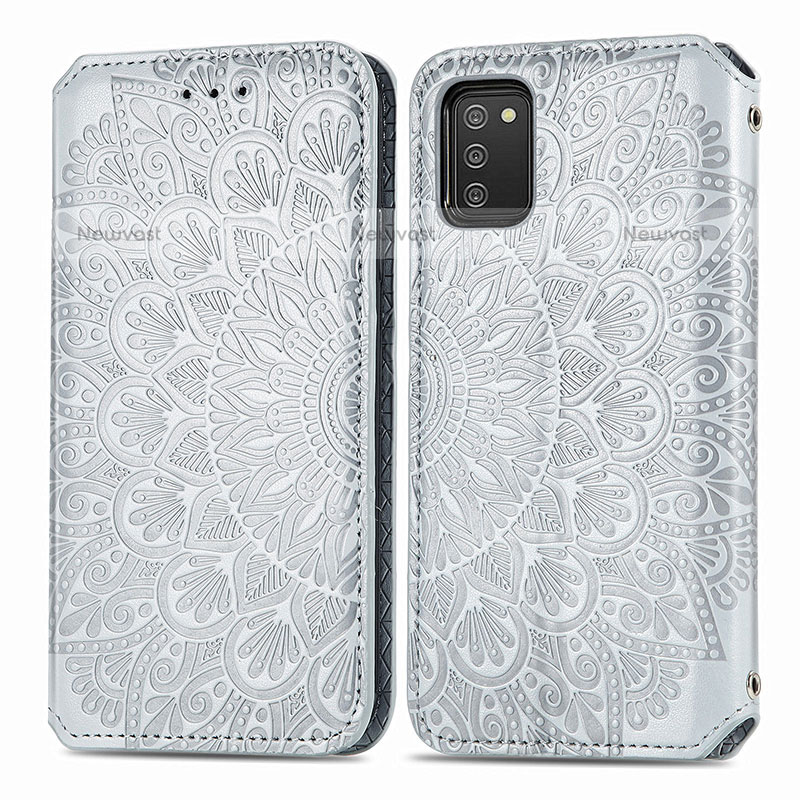 Leather Case Stands Fashionable Pattern Flip Cover Holder S01D for Samsung Galaxy A02s Silver