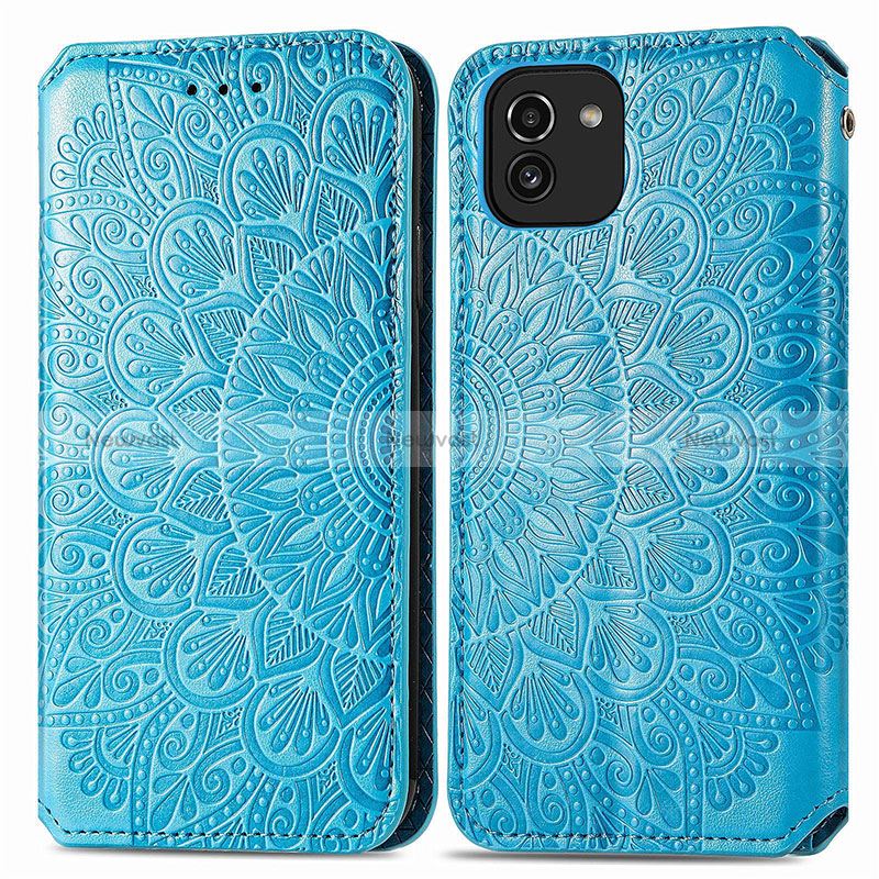 Leather Case Stands Fashionable Pattern Flip Cover Holder S01D for Samsung Galaxy A03 Blue