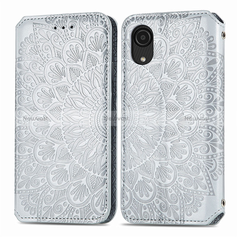 Leather Case Stands Fashionable Pattern Flip Cover Holder S01D for Samsung Galaxy A03 Core Silver