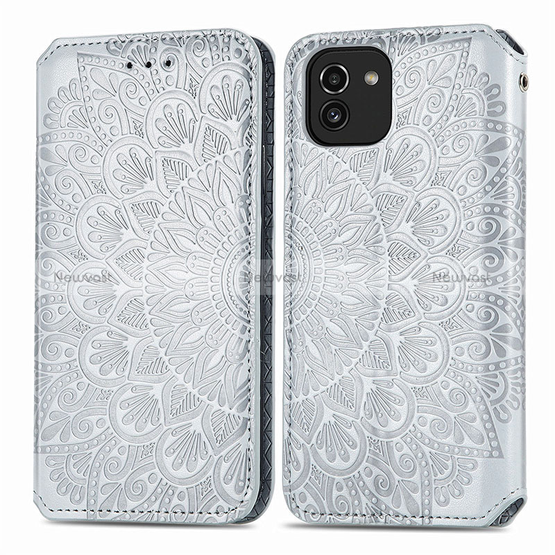 Leather Case Stands Fashionable Pattern Flip Cover Holder S01D for Samsung Galaxy A03 Silver