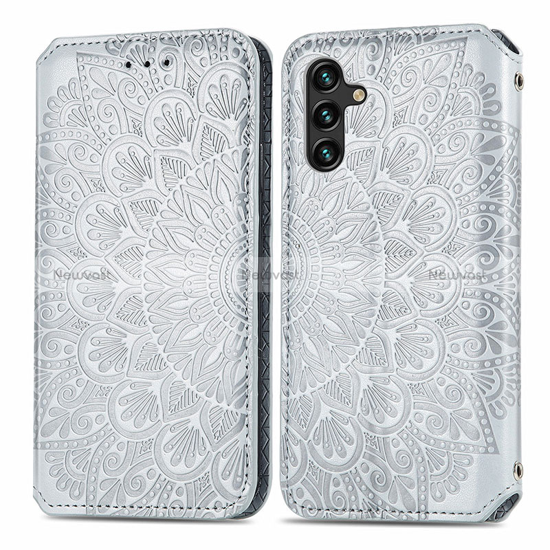 Leather Case Stands Fashionable Pattern Flip Cover Holder S01D for Samsung Galaxy A04s Silver