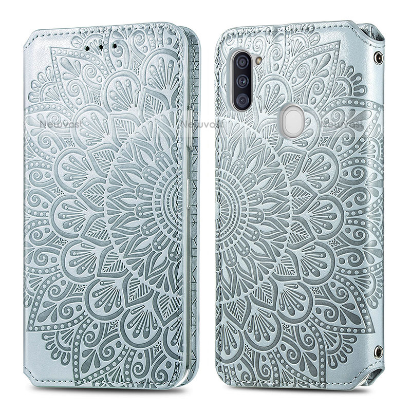 Leather Case Stands Fashionable Pattern Flip Cover Holder S01D for Samsung Galaxy A11 Silver