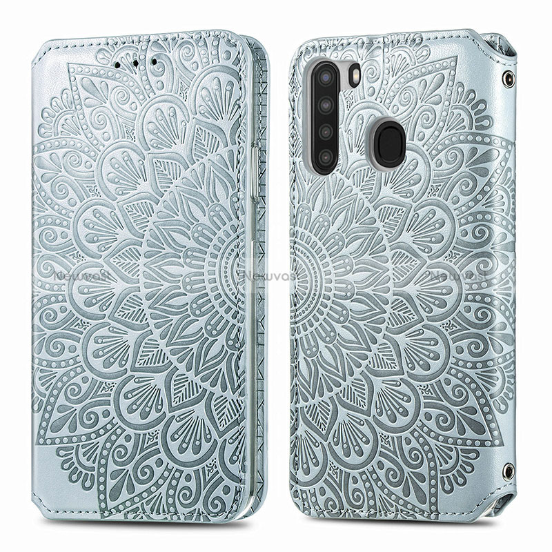 Leather Case Stands Fashionable Pattern Flip Cover Holder S01D for Samsung Galaxy A21 Silver