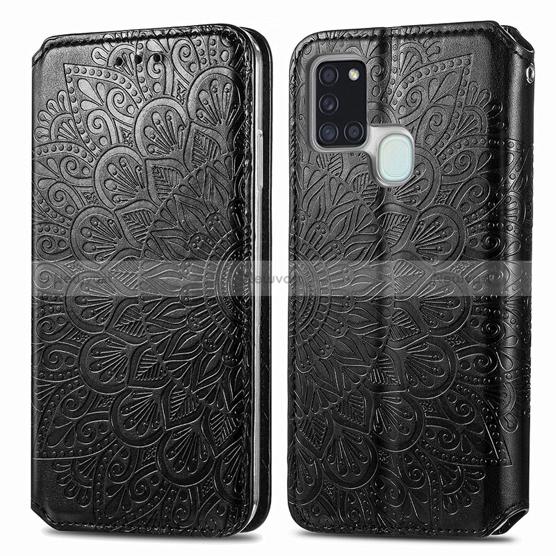 Leather Case Stands Fashionable Pattern Flip Cover Holder S01D for Samsung Galaxy A21s Black