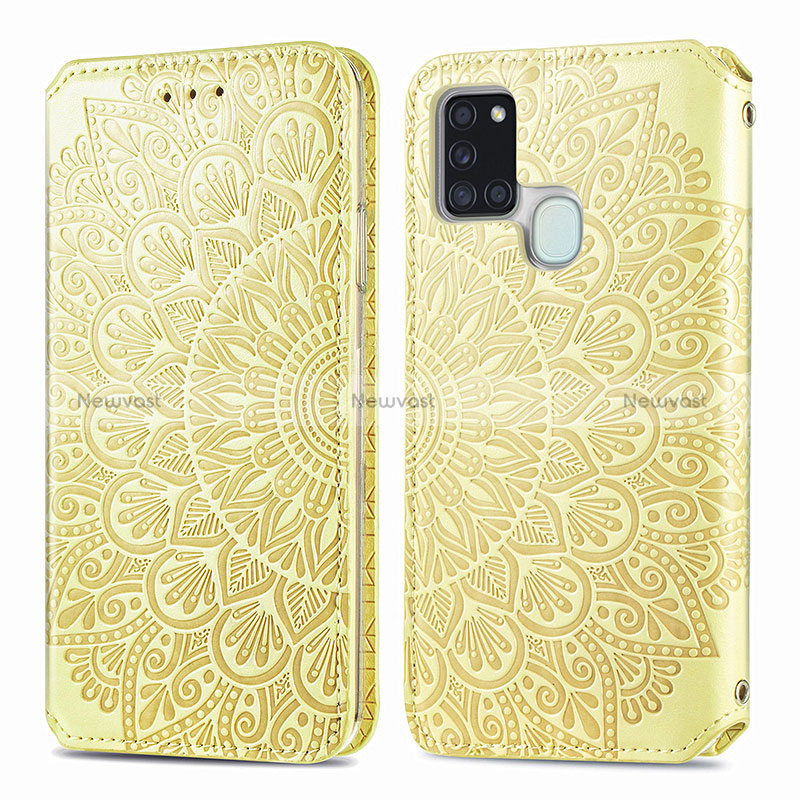 Leather Case Stands Fashionable Pattern Flip Cover Holder S01D for Samsung Galaxy A21s Gold