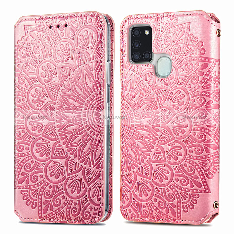 Leather Case Stands Fashionable Pattern Flip Cover Holder S01D for Samsung Galaxy A21s Rose Gold