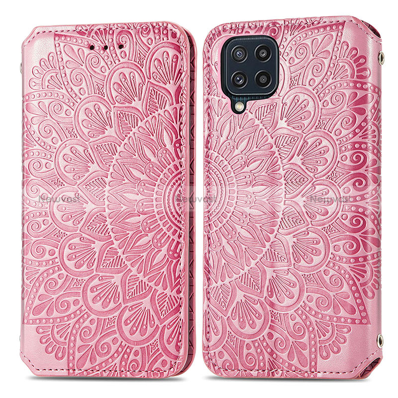 Leather Case Stands Fashionable Pattern Flip Cover Holder S01D for Samsung Galaxy A22 4G Rose Gold