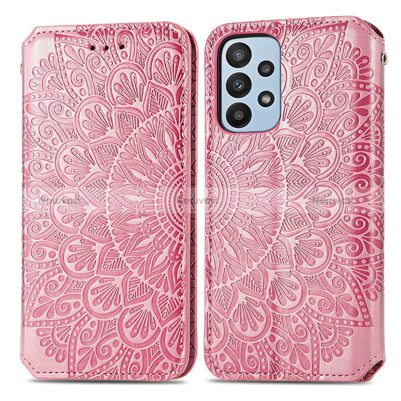 Leather Case Stands Fashionable Pattern Flip Cover Holder S01D for Samsung Galaxy A23 4G Rose Gold