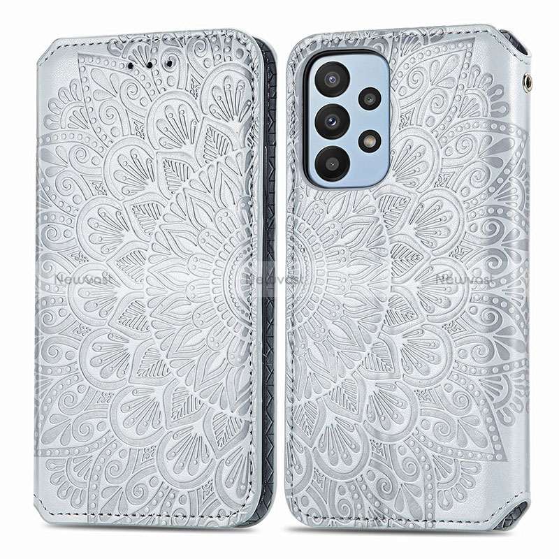 Leather Case Stands Fashionable Pattern Flip Cover Holder S01D for Samsung Galaxy A23 4G Silver