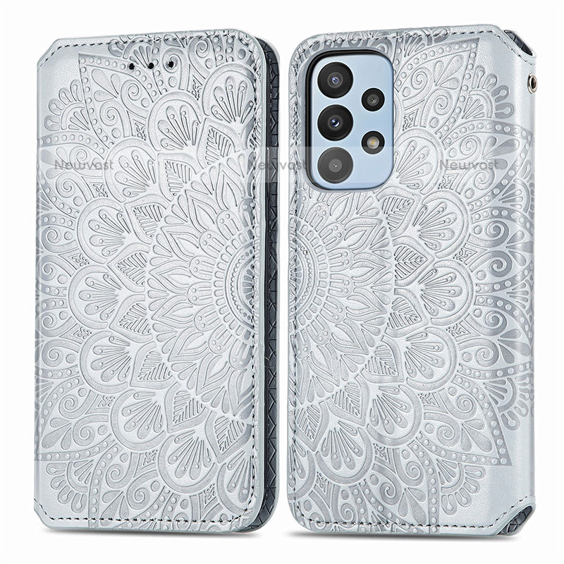 Leather Case Stands Fashionable Pattern Flip Cover Holder S01D for Samsung Galaxy A23 5G Silver