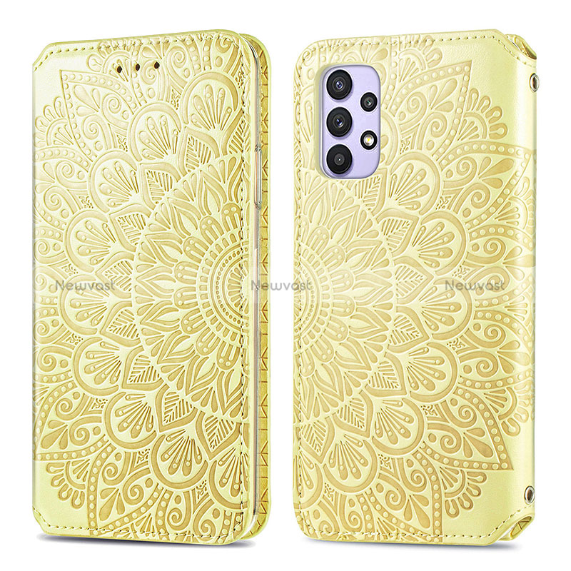 Leather Case Stands Fashionable Pattern Flip Cover Holder S01D for Samsung Galaxy A32 4G Gold