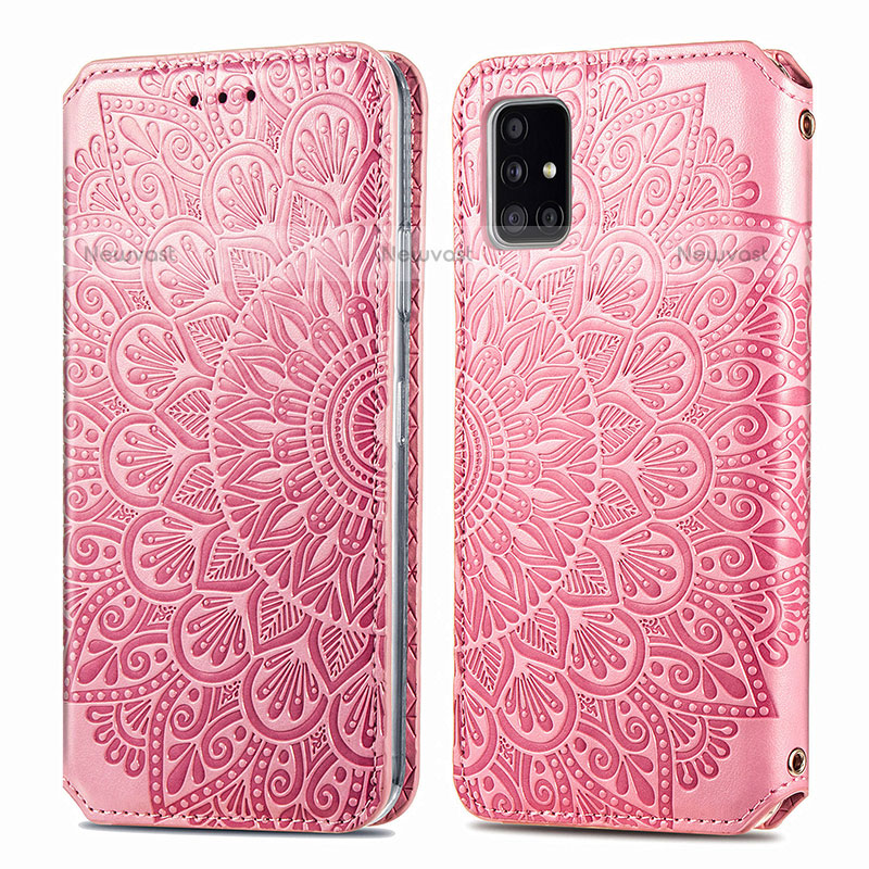 Leather Case Stands Fashionable Pattern Flip Cover Holder S01D for Samsung Galaxy A51 4G Rose Gold