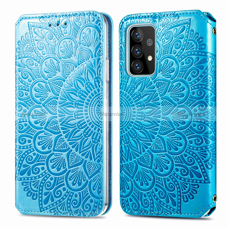 Leather Case Stands Fashionable Pattern Flip Cover Holder S01D for Samsung Galaxy A52 4G Blue