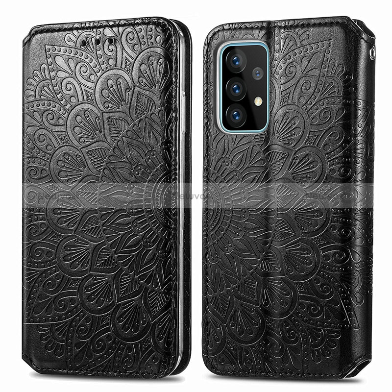 Leather Case Stands Fashionable Pattern Flip Cover Holder S01D for Samsung Galaxy A52 5G Black